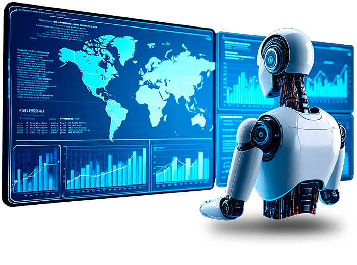 Firefly A hyper-realistic image of a humanoid robot sitting in front of multiple futuristic transpar